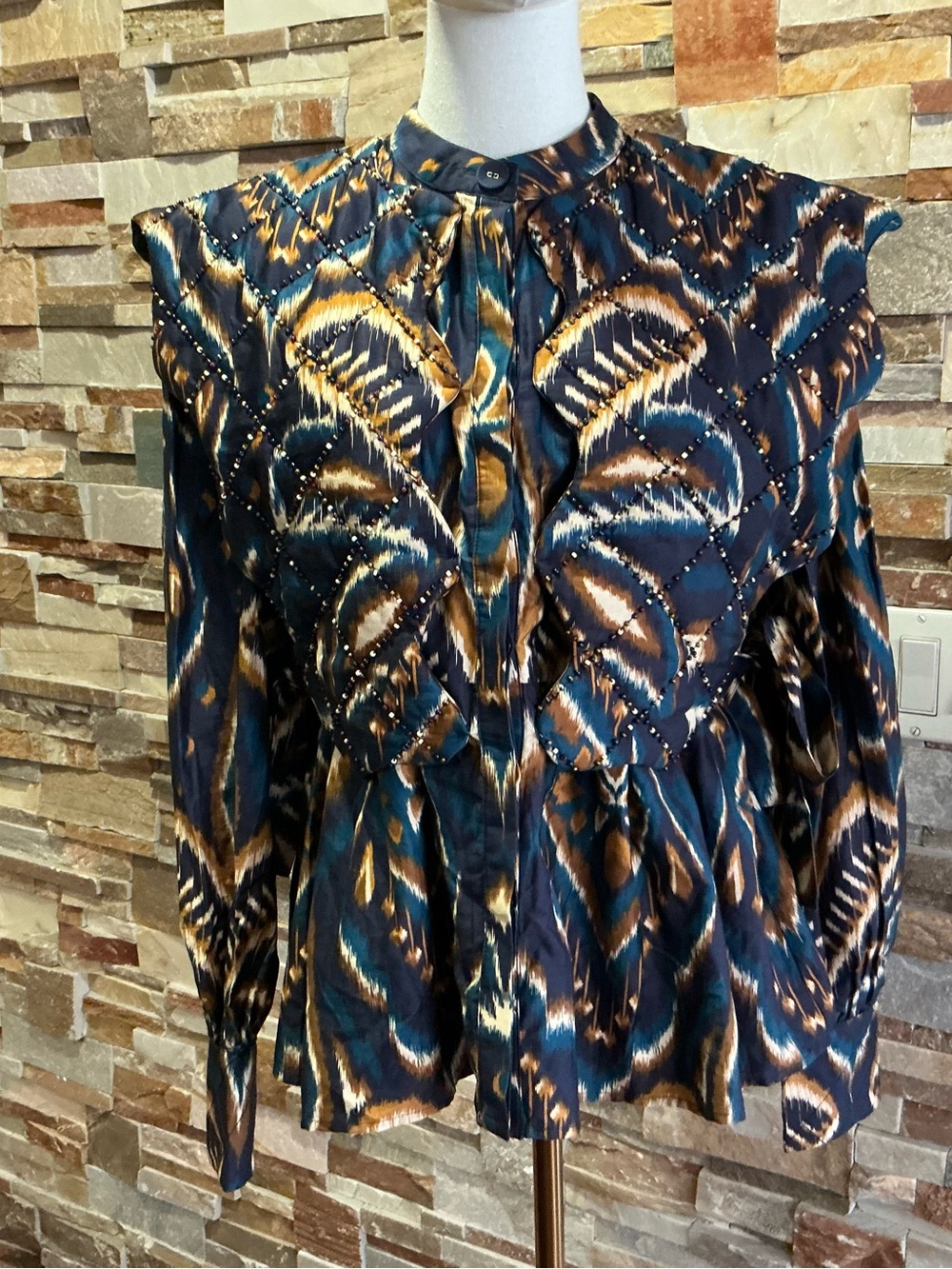 NWT FARM Rio Blue Pineapple Ikat Matelasse Blouse